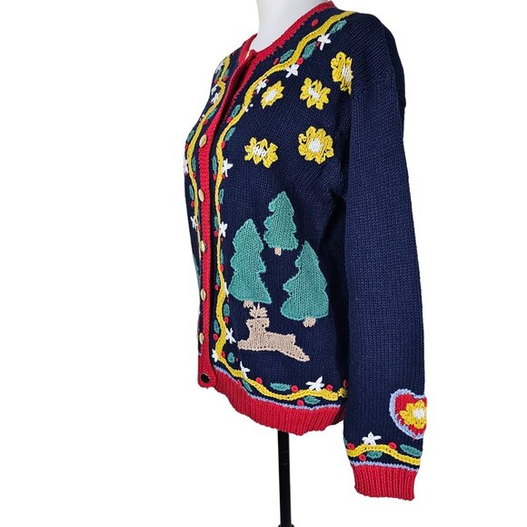 VTG 80s Orvis Embroidered Cardigan M Gold Button Christmas Holiday Festive Party - Picture 2 of 7
